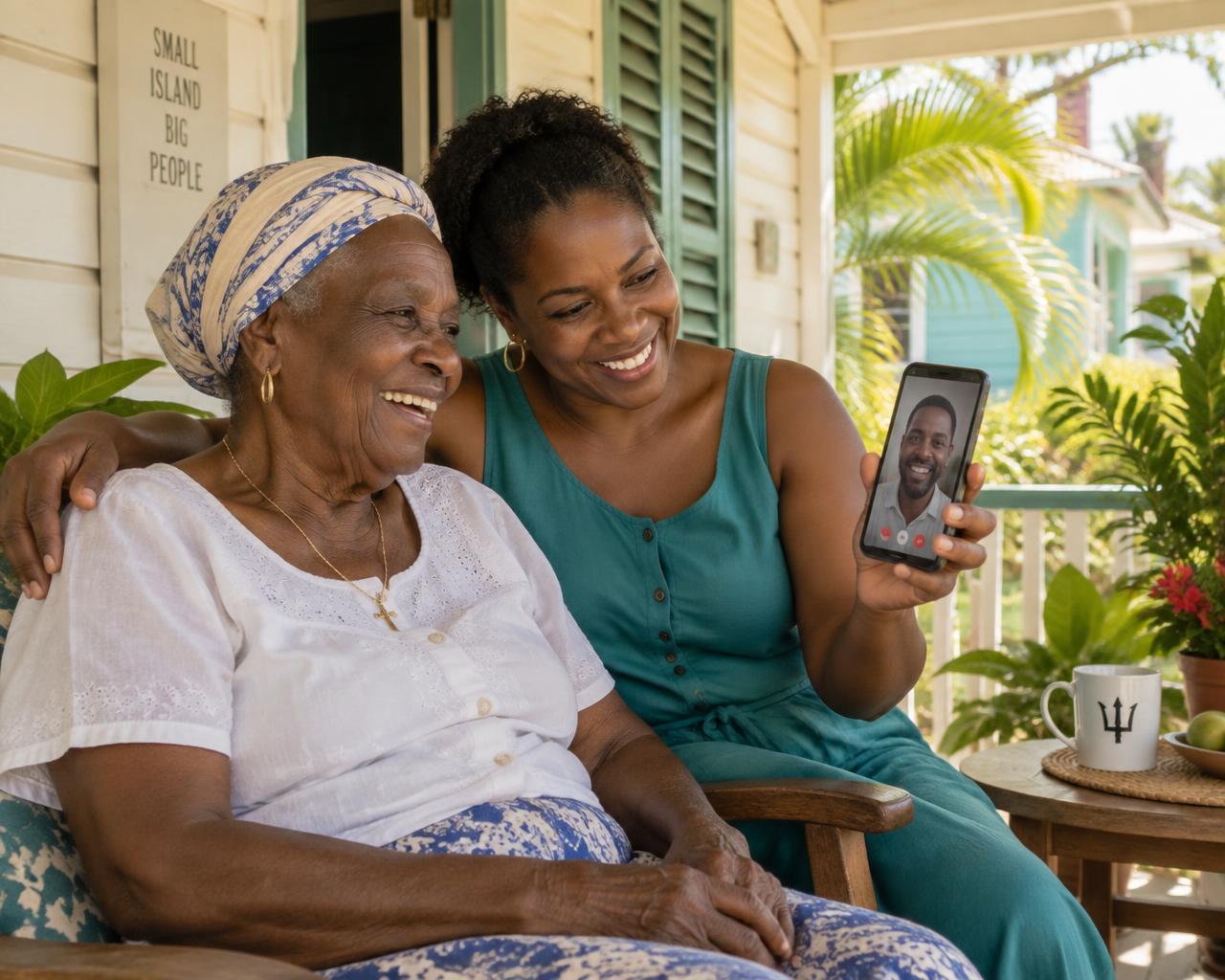 A grandmother and her daughter smiling on a verandah, video-calling a family member abroad